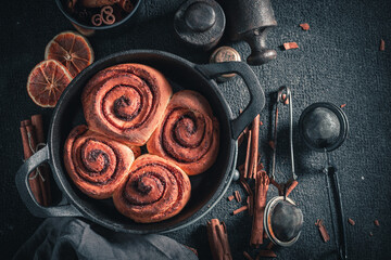 Traditionally cinnamon buns made of butter. Popular Swedish dessert.