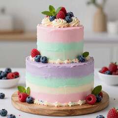 Colorful Rainbow Cake with Berries Mint Cream Frosting