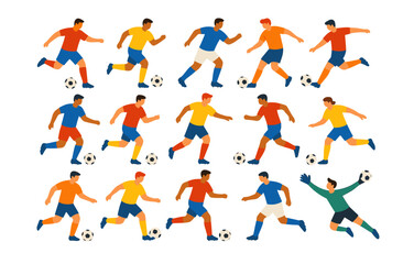 Colorful flat style soccer players and goalkeeper in action with soccer balls