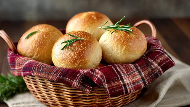 Freshly baked bread rolls in rustic wicker basket with plaid cloth and herbal garnish