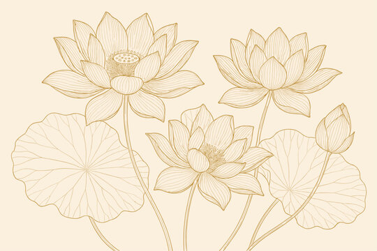 Elegant floral design with gold lotus flowers on beige background