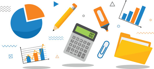 Business analytics and office supplies illustration with charts, calculator, folder, pencil, and graphs, financial analysis and data management concept in modern flat design style