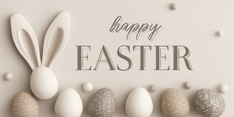 Minimalist beige Easter card with bunny ears, pastel eggs and elegant Happy Easter text.