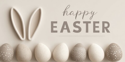 Minimalist beige Easter card with bunny ears, pastel eggs and elegant Happy Easter text.