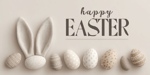 Minimalist beige Easter card with bunny ears, pastel eggs and elegant Happy Easter text.