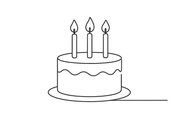 Minimalist line art birthday cake with three lit candles