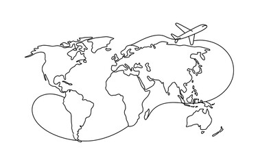 Continuous line world map with airplane depicting global travel and connectivity