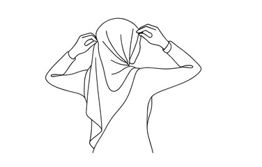 Minimalistic line art of woman adjusting headscarf from behind