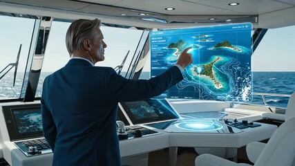 Wealthy businessman interacts with futuristic holographic map on a luxury yacht bridge for advanced navigation and high-end travel concept - Powered by Adobe