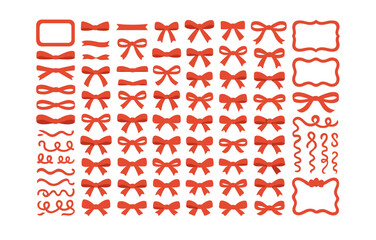 Red bow set: decorative ribbon collection with frames and borders in flat style
