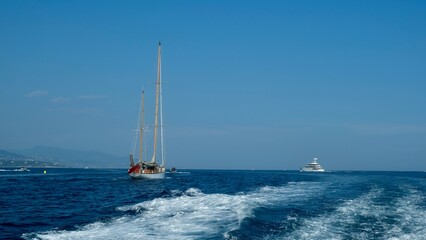 sailboat on the sea, Monaco on background 
