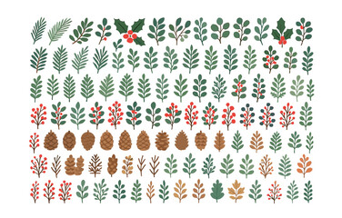 Festive botanical elements collection: holiday greenery with pine, holly, and berries