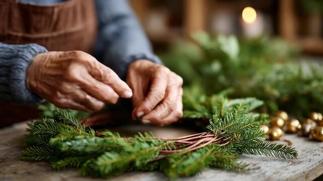 Crafting a holiday wreath: hands arranging pine branches with care and precision