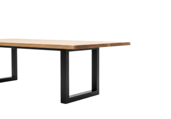 pristine modern industrial table with thick natural pine wood top and matte black angular metal legs, isolated on a white studio background, aspirational functional furniture concept