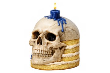 Skull cake with burning blue candle, dripping wax, celebrating horror and death for halloween or occult themes