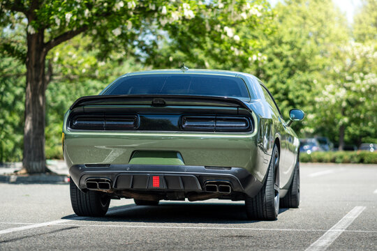 Brno, Czech Republic - June 16, 2025: Green Dodge Challenger SRT Scat Pack sports muscle car. Iconic American car parked outdoors in a parking lot in summer.