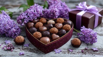 A heart-shaped box of assorted chocolates surrounded by purple flowers and a gift box on a rustic wooden surface. Valentine day Special