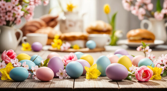 Ostereier in Pastellfarben mit Fr&uuml;hlingsblumen auf Holztisch, festliche Deko f&uuml;r Osterbrunch zuhause