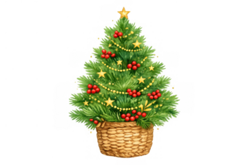 Christmas tree decorated with star, golden beads, and red berries, placed in a basket, celebrating winter holidays