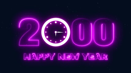 Neon 2000 Number with Clock Face Celebrating New Year's Eve Countdown, Festive Purple Glow in Dark Sky