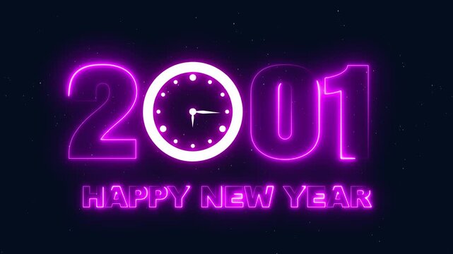 Neon Happy New Year 2001 clock striking midnight dark background