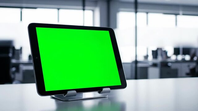 A tablet with a green screen on a stand in a modern office setting with blurred background.