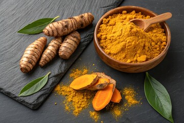 Fresh Turmeric Roots and Powder on Dark Stone Background, Healthy Natural Food Ingredient, Food.
