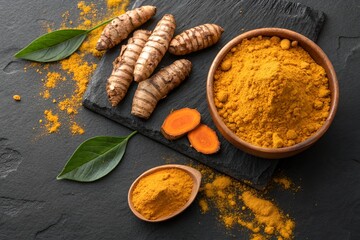 Fresh Turmeric Roots and Powder on Dark Stone Background, Healthy Natural Food Ingredient, Food.
