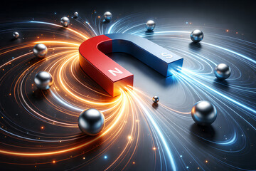 Magnetic field visualization with glowing energy lines and metallic spheres