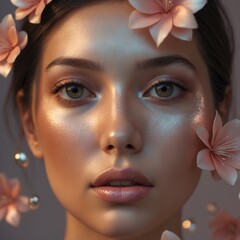 the face of a woman with light pink flowers in vibrant colors&mdash;generative ai