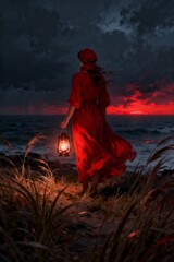 a woman with her back to the camera, wearing a red dress, near the sea. - generative ai