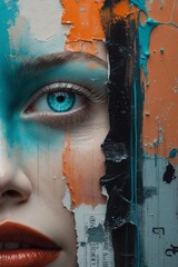 Artistic close-up portrait of half of a woman's face, focusing on a soft gaze in colorful tones. - generative ai