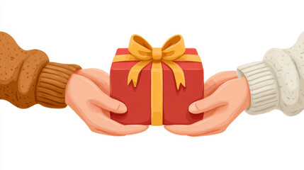 Gift exchange between hands with red box and yellow bow for celebration or special occasion