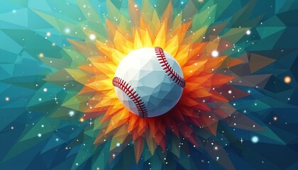 Geometric abstract baseball floats on vibrant fiery orange flower. Colorful fractal pattern background glows with light specks. Dynamic sport art.