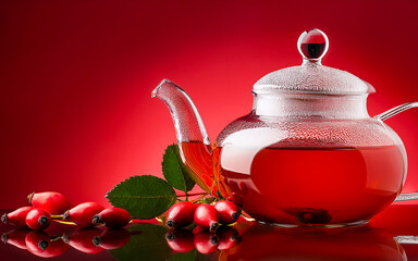 red teapot and cup of tea from rose hip