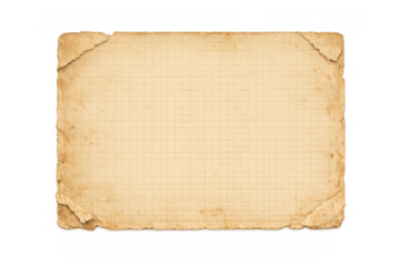 Vintage grid paper textured background with aged, blank, torn edges and parchment look, isolated on transparent