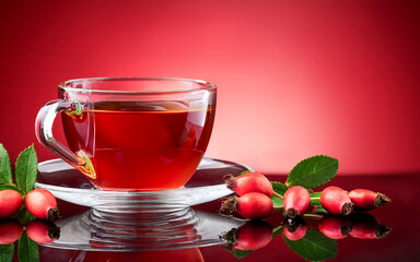 Glass cup of tea with rosehip