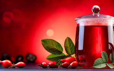Rose hip tea, photo for red abstract background with healthy nutrition