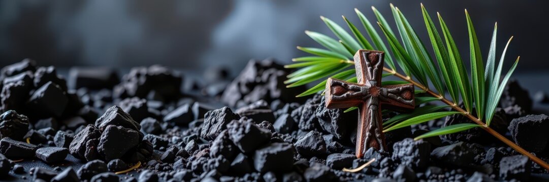 Ash Wednesday background with a prominent cross made of ashes and a delicate palm leaf, penitence, ashes