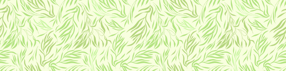 Seamless background with green flowers and leaves. hand drawing. Not AI, Vector illustration