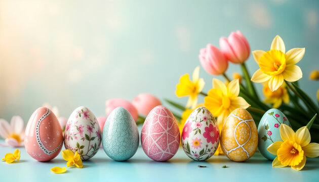 Ostereier in Pastellfarben mit Tulpen und Narzissen vor sanftem Fr&uuml;hlingshintergrund
