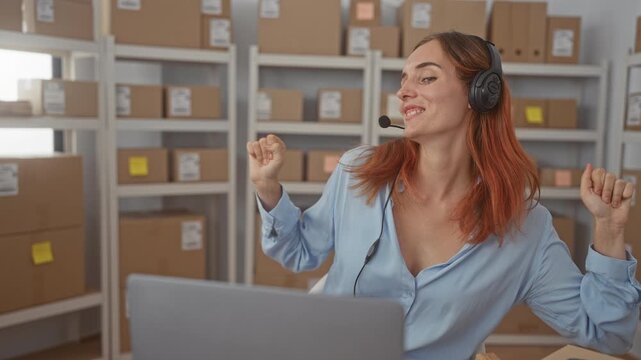 Woman with headset dancing and raising fists amid cardboard shelves in a storage building, smiling with eyes closed; joy break.