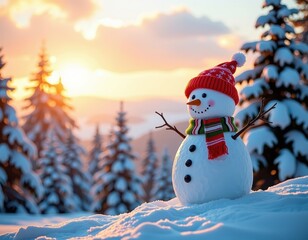Obraz premium A jolly snowman stands guard in a serene, snow-covered forest under a pale winter sky, February, branches