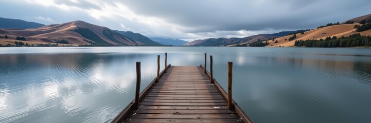 Obraz premium A minimalist wooden dock extends into a tranquil lake, framed by rolling hills under a cloudy sky, jetty, dusk, dawn