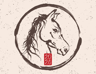Vector vintage illustration of horse head in Asian sumi-e style for Chinese new year 2026. Vector horse head like symbol 2026 year in lunar calendar.