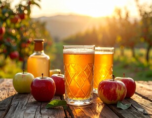 Cidra de ma&ccedil;&atilde; em uma mesa de madeira vintage, vidro texturizado e cen&aacute;rio natural.