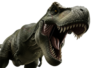 a colossal, hyper-realistic tyrannosaurus rex roars aggressively, its dark forest green scaled head filling the frame from a low-angle perspective, isolated on a stark white background. raw ancient