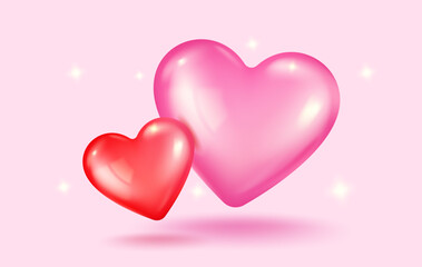 Vector icons of pink and red hearts for Valentine's Day in realistic 3d style.