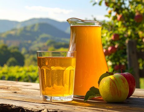 Cidra de ma&ccedil;&atilde; em uma mesa de madeira vintage, vidro texturizado e cen&aacute;rio natural.
