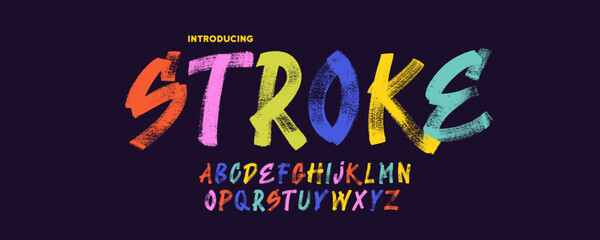 Colorful grunge capital alphabet letters with dry brush texture. Hand drawn kid distressed bold font. Brush drawn letters, funky alphabet. Playful bold grunge font with rough stamp texture.